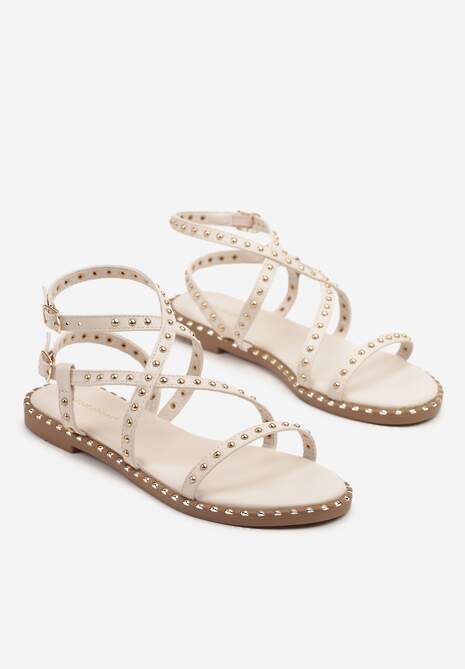 Beżowe Sandały Typu Gladiatorki z Ozdobnymi Nitami Kiniteia