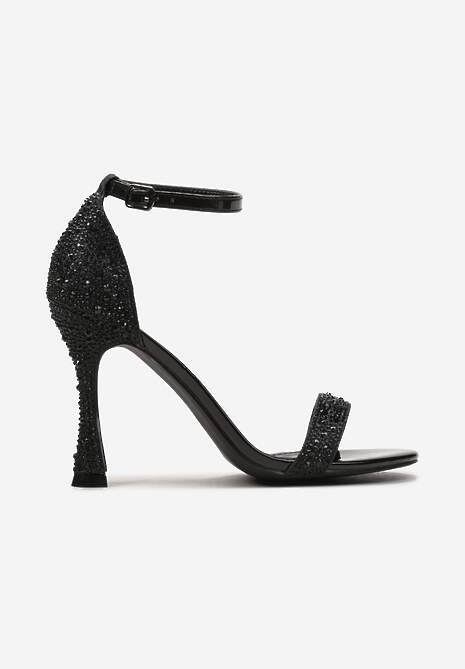 Czarne Brokatowe Sandały na Klepsydrowej Szpilce z Drobnymi Cyrkoniami Isoldis