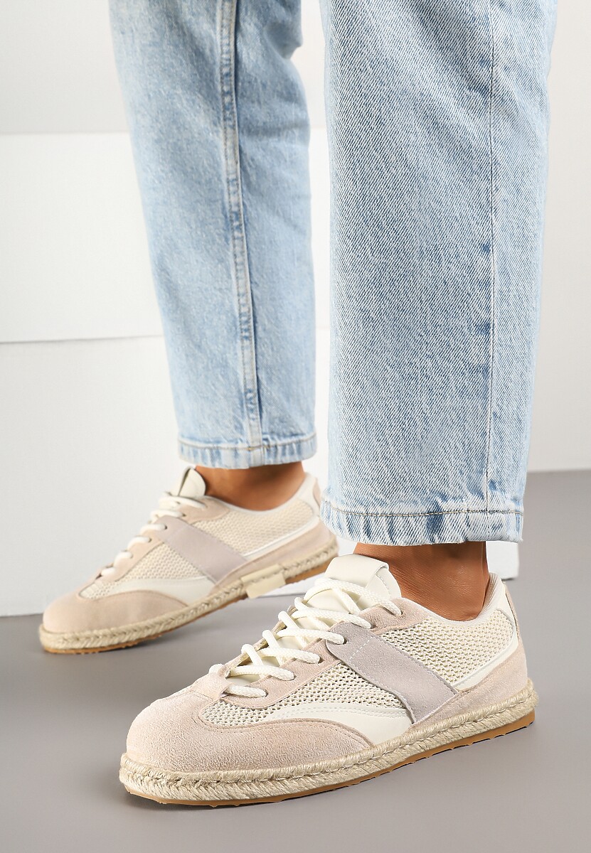 Beżowe Sneakersy Typu Kultowe Tenisówki Zdobione Przeszyciami Grelloti