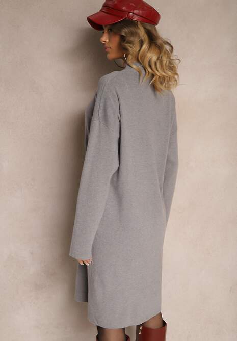 Szara Pudełkowa Sukienka z Półgolfem Wełną i Bawełną Gilara
