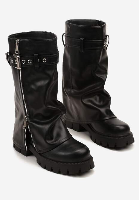 Czarne Botki Workery z Wywiniętą Cholewką Ozdobione Suwakiem i Klamrą Lelune