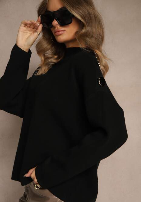 Czarny Sweter z Metalicznymi Guzikami na Ramieniu Ederlia