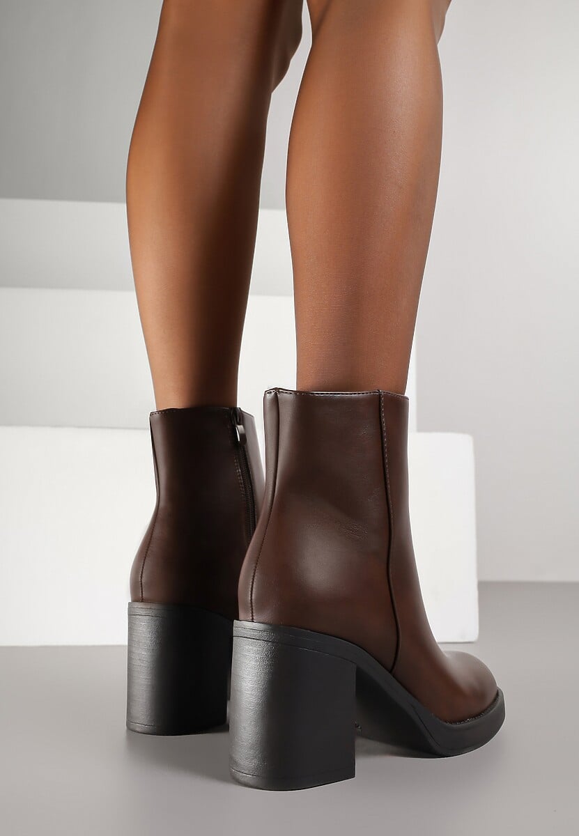 Brązowe Eleganckie Botki z Cholewką do Kostki na Słupku Esleana