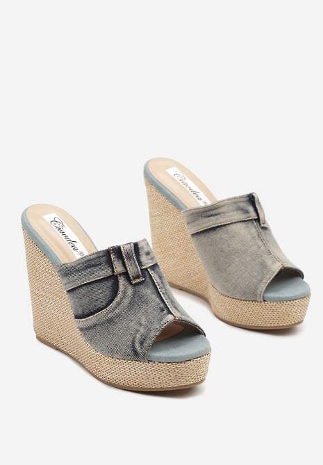 Niebieskie Klapki na Platformie i Koturnie Stylizowane na Denim Iveltia