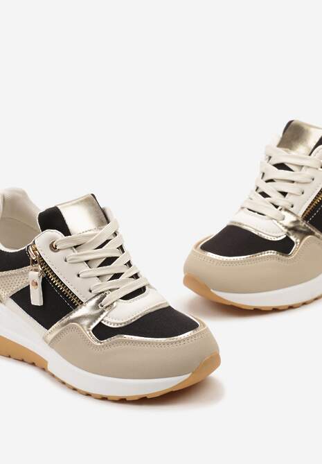 Beżowo-Czarne Sneakersy na Niewysokim Koturnie Ozdobione Suwakiem i Wstawkami Liorrama