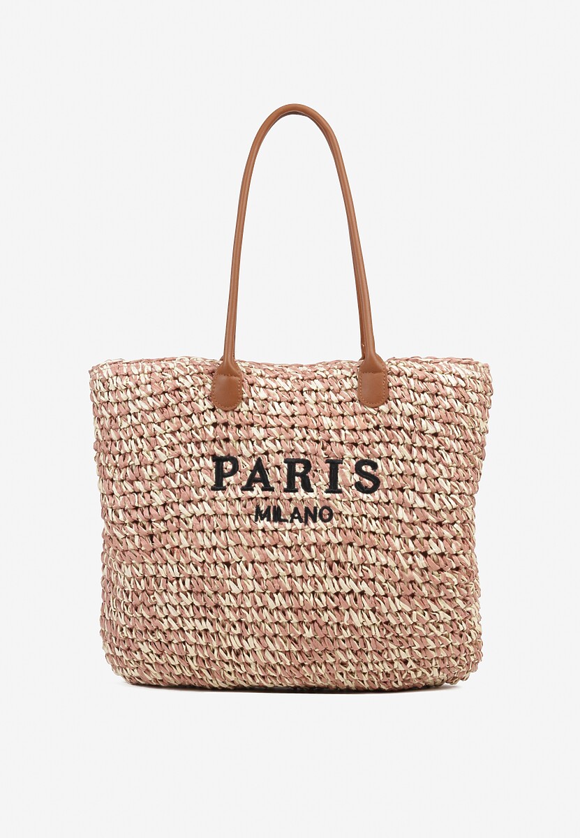 Beżowa Torebka z Plecionki w Stylu Shopper z Napisem Galinesa