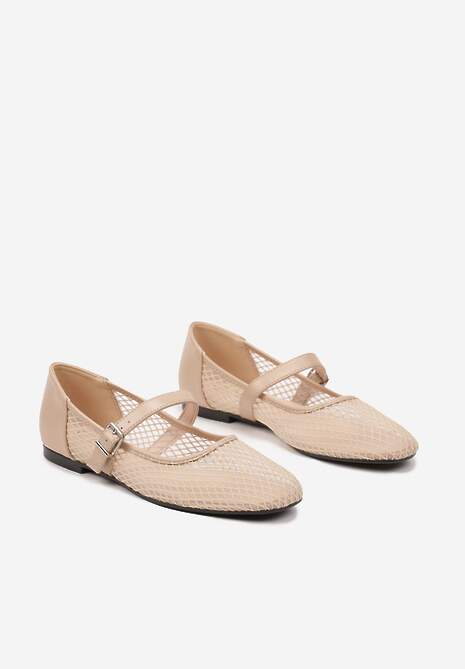 Beżowe Siateczkowe Balerinki w Stylu Mary Jane Millexia