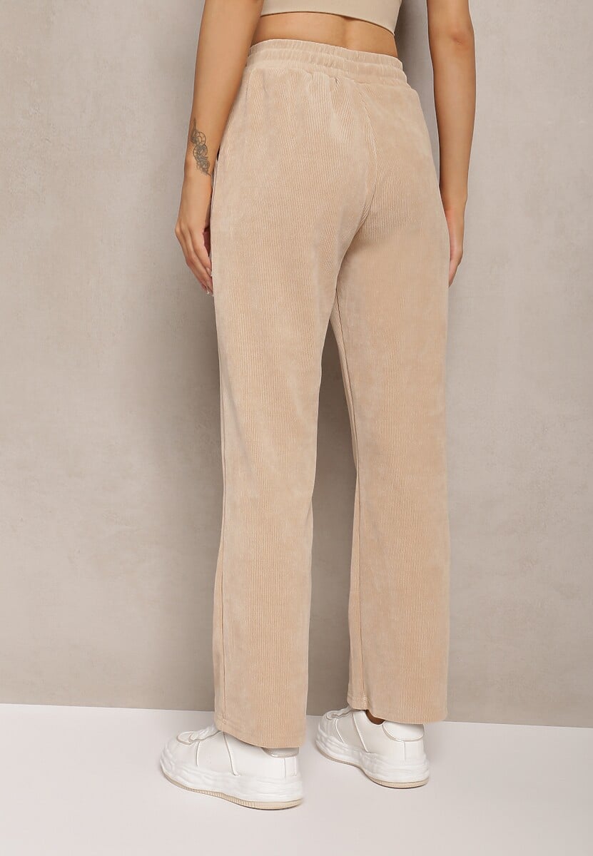 Jasnobeżowe Szerokie Spodnie Sztruksowe z Gumką w Pasie z Bawełny Ciriana