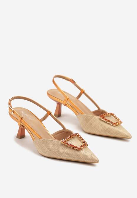 Pomarańczowe Sandały Slingback na Kaczuszce z Tweedowymi Wstawkami i Cyrkoniami Nalivna