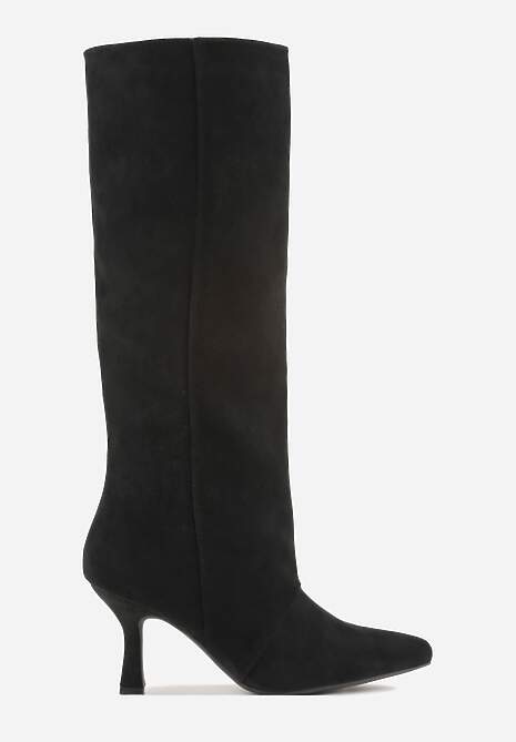 Czarne Kozaki z Imitacji Zamszu z Przeszywaną Cholewką i Obcasem Kaczuszka Anuvitte