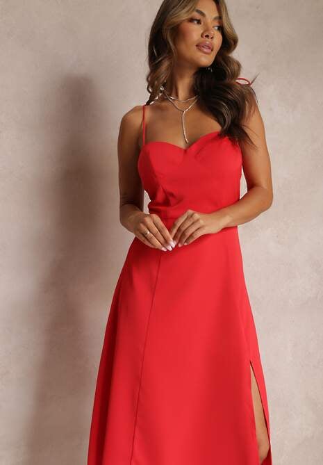 Czerwona Rozkloszowana Sukienka Midi z Rozcięciem na Ramiączkach Josine