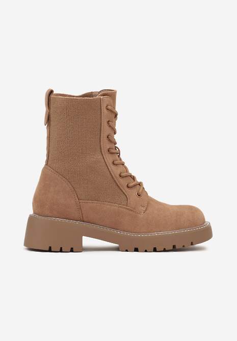 Jasnobrązowe Sznurowane Płaskie Botki w Stylu Workerów z Brokatową Elastyczną Cholewką Creene