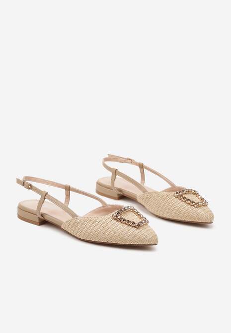 Beżowe Sandały ze Szpiczastym Noskiem z Plecionki i Biżuteryjną Aplikacją Abelira