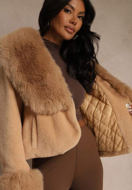 Brązowa Kurtka Pluszowa Ozdobiona Futerkiem i Wiązanym Paskiem w Talii Aravitte