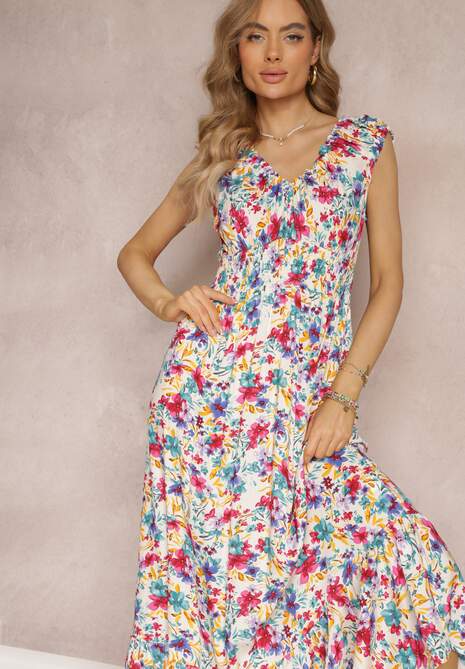 Biało-Czerwona Rozkloszowana Sukienka Maxi w Kwiaty z Gumką w Talii i przy Dekolcie Eirerene