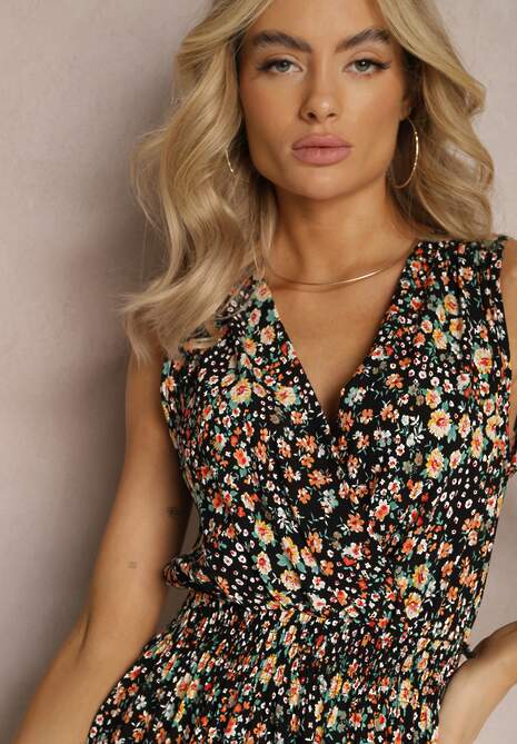 Czarno-Żółta Rozkloszowana Sukienka z Wiskozy Midi w Kwiaty z Kopertową Górą Pervia