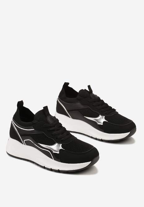 Czarne Sznurowane Sneakersy na Grubej Podeszwie z Błyszczącymi Wstawkami Nithirela