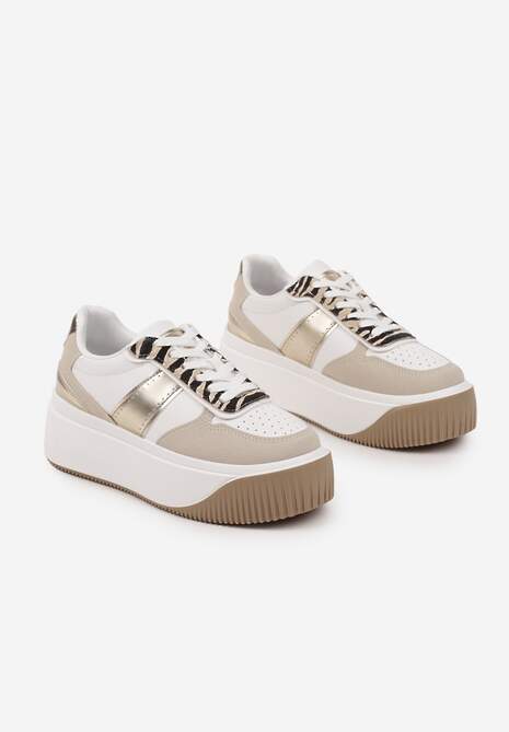 Biało-Beżowe Sneakersy na Platformie z Metalicznym Zdobieniem i Printem w Zebrę Fonarien