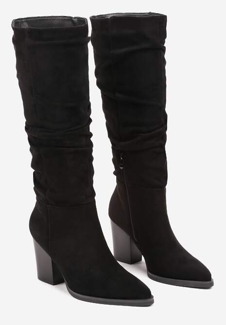 Czarne Kozaki z Ekozamszu na Obcasie Typu Słupek z Marszczeniem przy Cholewce Railaria