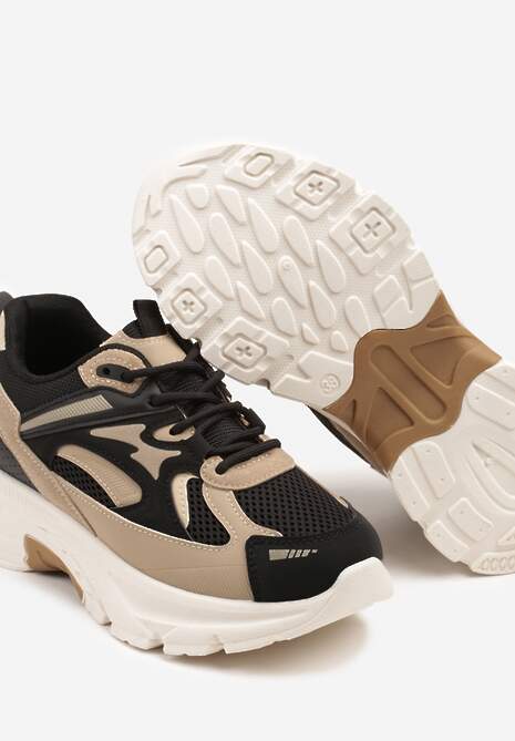Czarno-Beżowe Sneakersy na Tłoczonej Platformie z Geometrycznymi Wstawkami Asloria