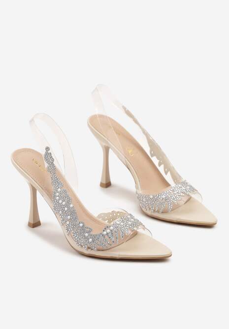 Beżowe Przezroczyste Sandały na Szpilce Vices ze Skórzaną Wkładką i Cyrkoniami Oviassa