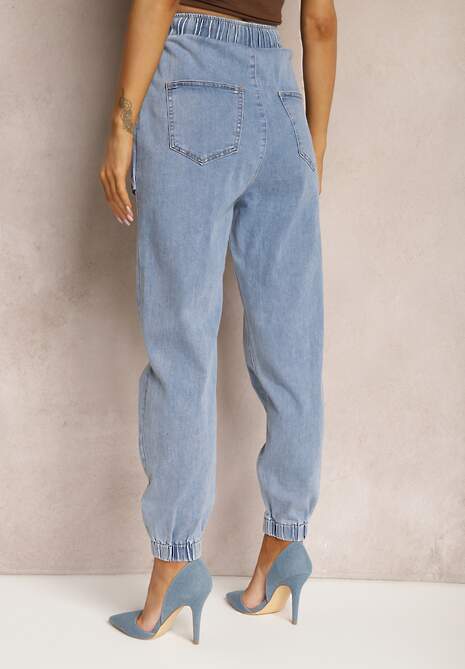 Niebieskie Jeansy Joggery Zapinane na Suwak ze Ściągaczami i Gumką w Pasie Castania