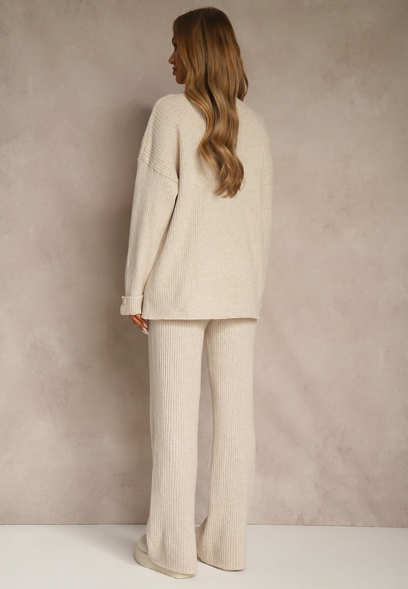 Jasnobeżowy Komplet z Wełną i Bawełną Sweter z Guzikami i Szerokie Spodnie Reinelia