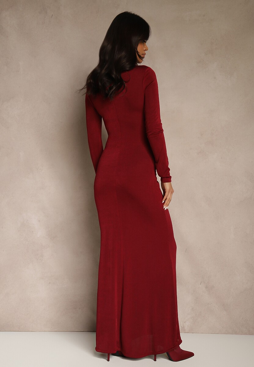 Bordowa Taliowana Sukienka Koktajlowa Lonsgleeve z Elegancką Aplikacją Idirena