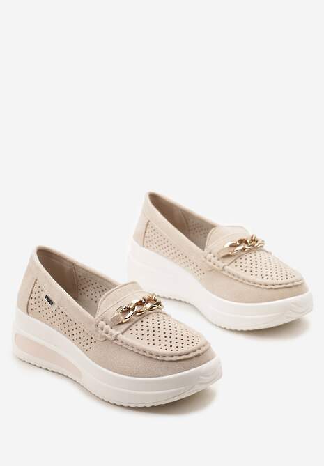 Beżowe Mokasyny na Platformie z Łańcuszkiem Himenna