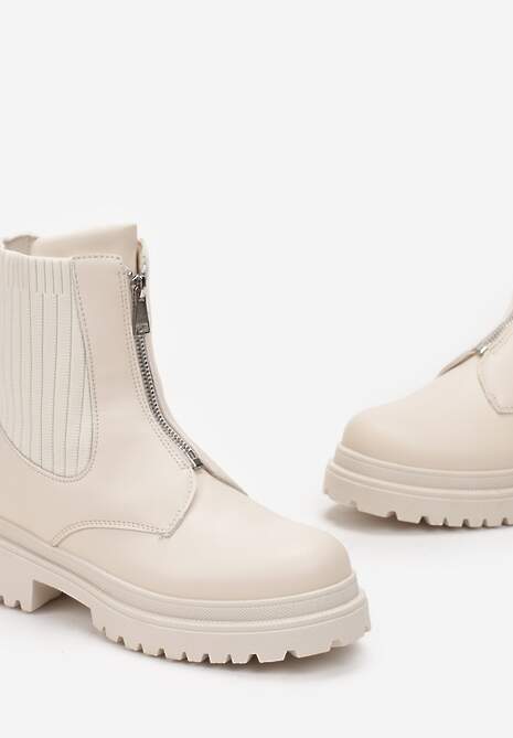 Jasnobeżowe Botki Workery z Suwakiem z Przodu i Dzianinową Cholewką Jakise