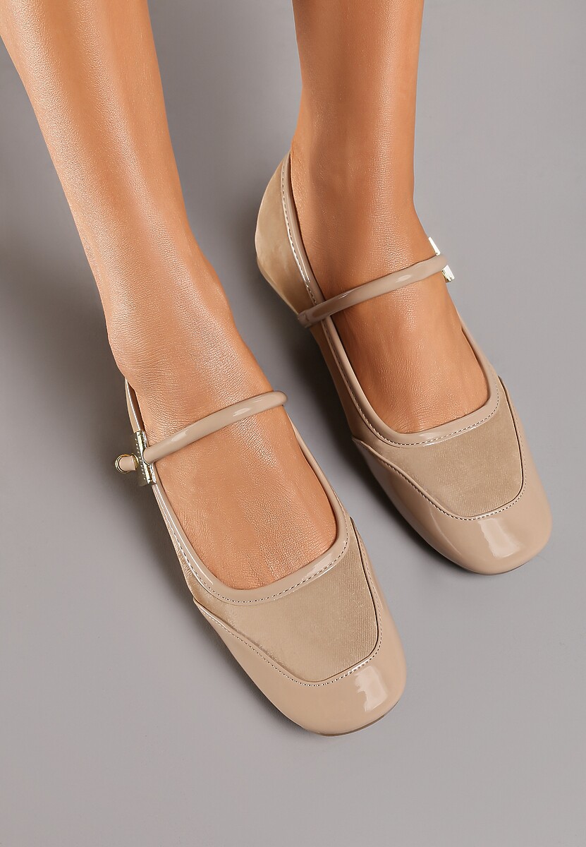 Ciemnobeżowe Balerinki ze Wstawkami ze Skóry Naturalnej o Lakierowanym Połysku ze Sprzączką Alvitta