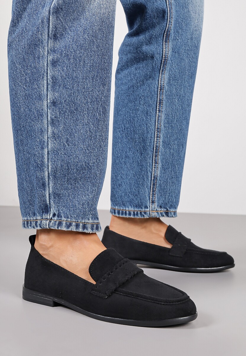 Czarne Mokasyny Vices z Wkładką ze Skóry Naturalnej i Paskiem z Przeszyciami Fonarrie