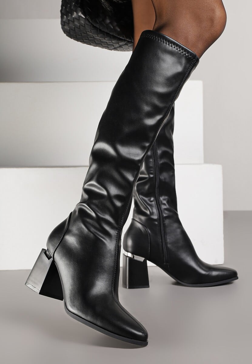 Czarne Klasyczne Kozaki VICES na Słupkowym Obcasie z Metaliczną Aplikacją Rannora