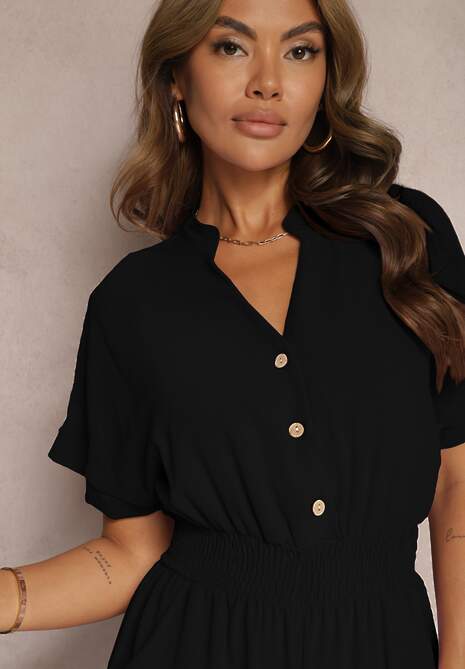 Czarny Taliowany Kombinezon z Wiskozy Zapinany na Guziki Frisea