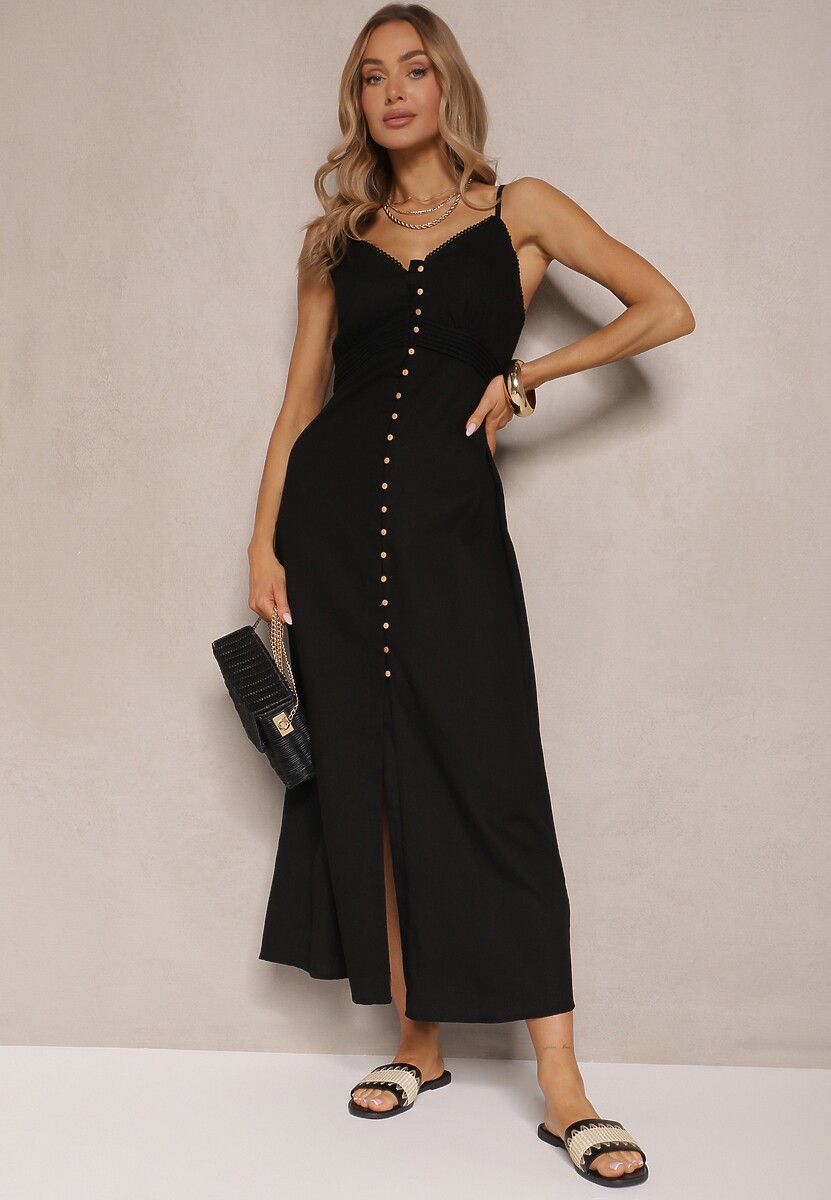 Jasnobeżowa Rozkloszowana Sukienka z Bawełny z Guzikami i Regulowanymi Ramiączkami Lorbia