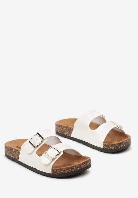 Białe Korkowe Klapki z Dwiema Klamrami na Niskiej Platformie Nyriala