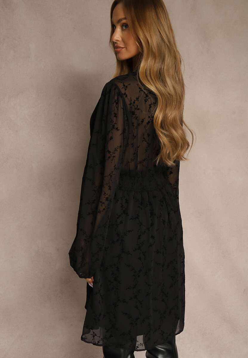 Czarna Siateczkowa Sukienka o Rozkloszowanym Kroju w Kwiaty Vidsella