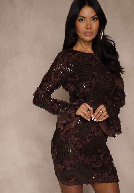 Brązowa Dopasowana Sukienka Ozdobiona Cekinami i Kwiatami 3D Raweda