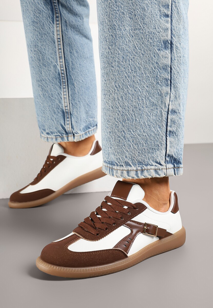 Brązowo-Białe Sneakersy Klasyczne Tenisówki Zdobione Klamerką Senaniela