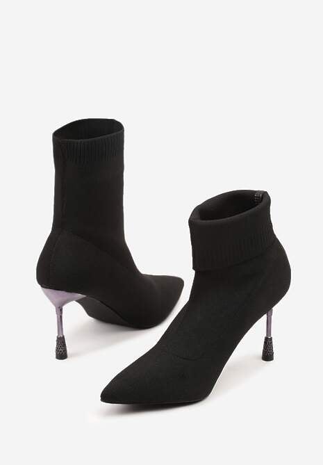 Czarne Botki Vices na Biżuteryjnej Szpilce ze Skarpetkową Cholewką i Noskiem w Szpic Tififre