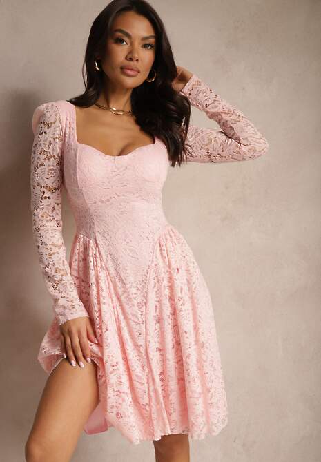 Różowa Taliowana Sukienka z Koronki z Rozkloszowanym Dołem Teladriela