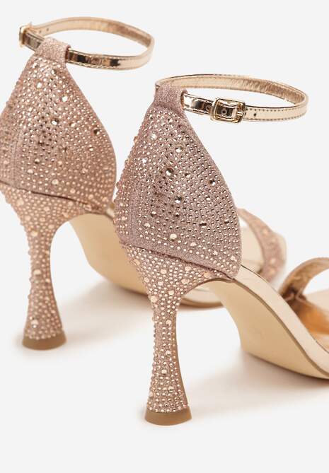 Szampańskie Brokatowe Sandały na Klepsydrowej Szpilce z Drobnymi Cyrkoniami Isoldis