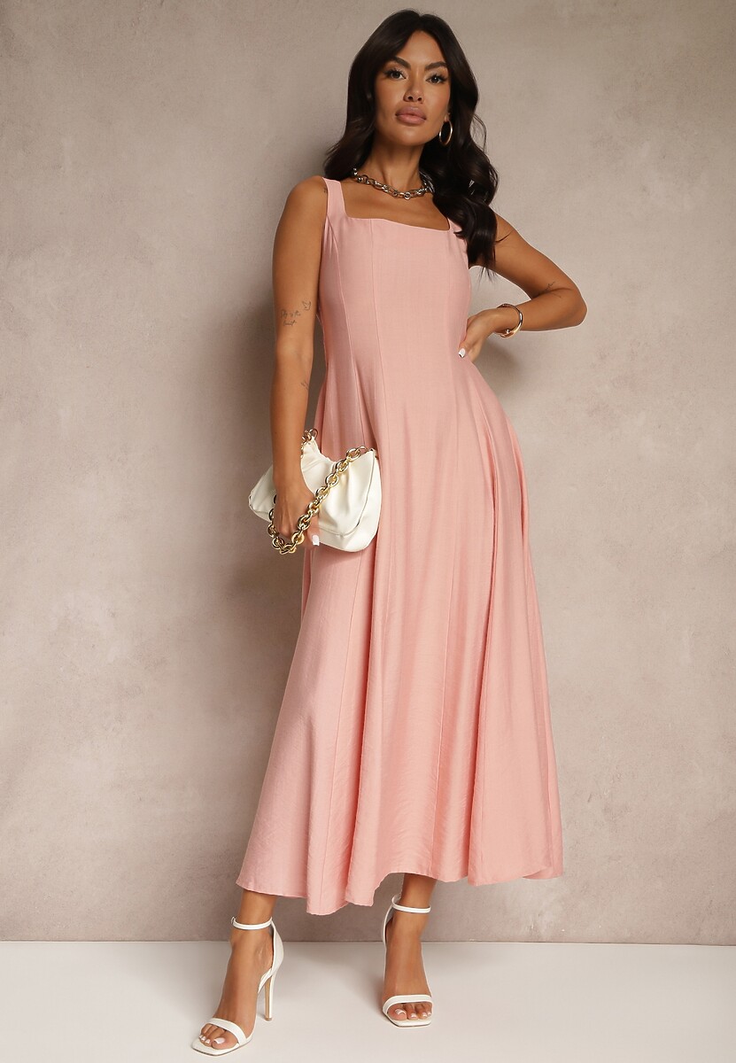 Różowa Rozkloszowana Sukienka z Wiskozy Ozdobiona Kwadratowym Dekoltem Avledia