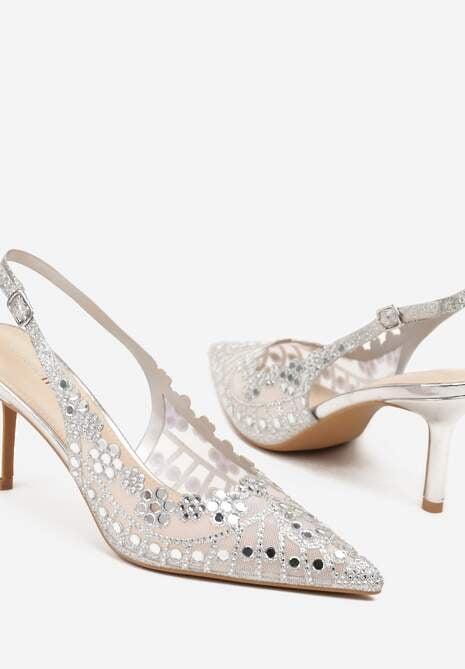 Srebrne Sandały na Szpilce Slingback z Ażurową Cholewką Latilena