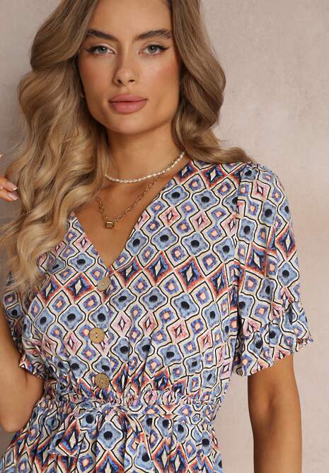 Niebieska Sukienka Mini z Gumką w Pasie i Falbanką z Wiskozy Ellison