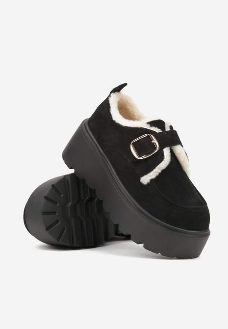 Czarne Śniegowce na Platformie z Paskiem ze Sprzączką i Futrem Unweda
