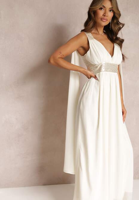 Beżowa Maxi Sukienka o Rozkloszowanym Fasonie Ozdobiona Cekinami na Szerokich Ramiączkach Nedilva