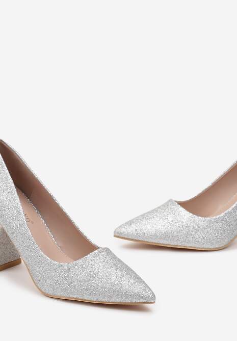 Srebrne Połyskujące Czółenka na Słupku z Noskiem w Szpic Pigna