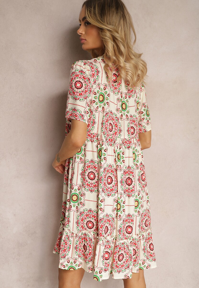 Czerwona Sukienka z Wiskozowej Tkaniny w Mozaikowy Wzór Boho Naviera