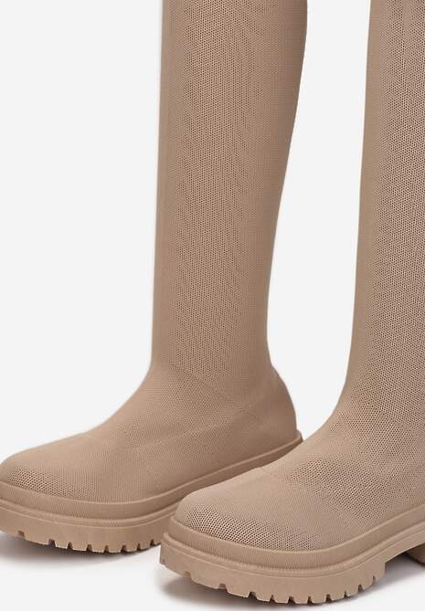 Ciemnobeżowe Kozaki z Elastyczną Cholewką za Kolano Maisah